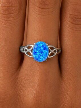 NEW 14k White Gold Blue Opal Diamond Ring Oval Cut Ring